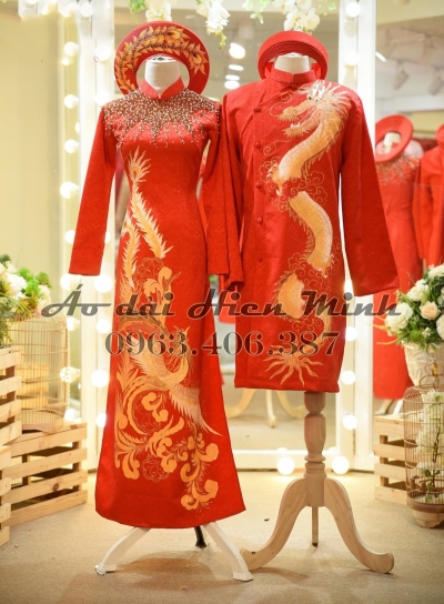 Áo dài cưới cặp đôi màu đỏ vải gấm Long Phụng