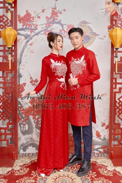 Áo dài cưới cặp đôi màu đỏ họa tiết song hỷ kết