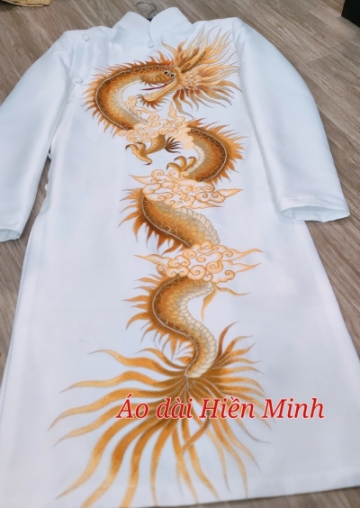 ÁO DÀI CÁCH TÂN NAM MÀU TRẮNG HỌA TIẾT RỒNG VÀNG CAO CẤP