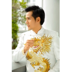 áo dài nam màu trắng họa tiết rồng vàng