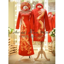 Áo dài cưới cặp đôi màu đỏ vải gấm Long Phụng