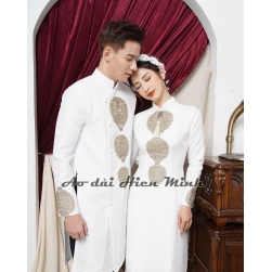 Áo dài cưới cặp màu trắng họa tiết đơn giản