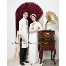 Áo dài cưới cặp màu trắng họa tiết đơn giản