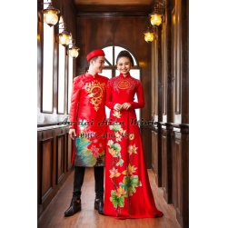 Áo dài cưới truyền thống họa tiết hoa sen