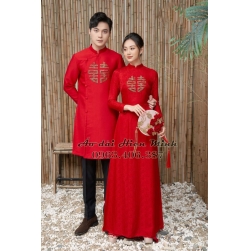 Áo dài cưới cặp đôi màu đỏ họa tiết song hỷ đơn giản, thanh lịch
