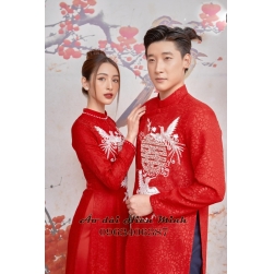 Áo dài cưới cặp đôi màu đỏ họa tiết song hỷ kết