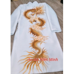 ÁO DÀI CÁCH TÂN NAM MÀU TRẮNG HỌA TIẾT RỒNG VÀNG CAO CẤP