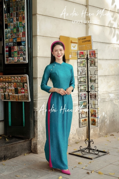 Áo dài cách tân nữ màu xanh chất vải  cao cấp
