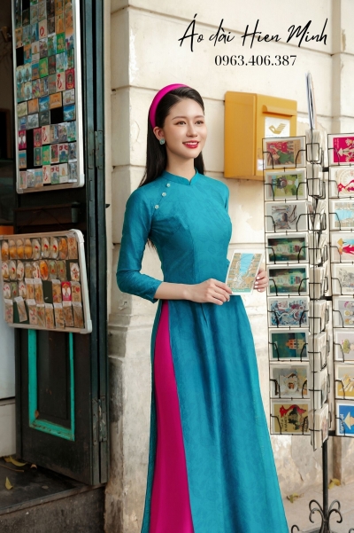 Áo dài cách tân nữ màu xanh chất vải  cao cấp