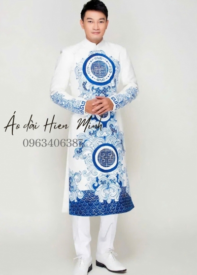 Áo dài cách tân nam màu trắng họa tiết vẽ tay cao cấp