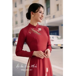 Áo dài nữ màu đỏ họa tiết hoa sen thêu cao cấp